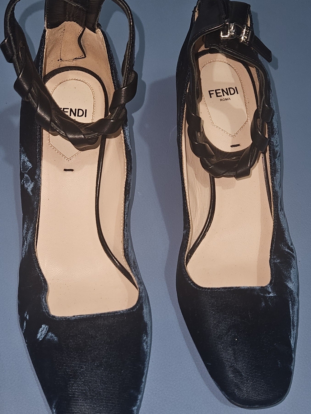 Size 37.5 Fendi Navy Blue Satin Square-Toe Ankle-Strap Heels